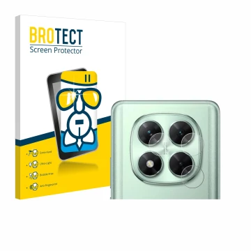 Front side of a product packaging with the brand logo BROTECT. Next to it is the device Xiaomi Poco X7 (ONLY Camera) shown wit