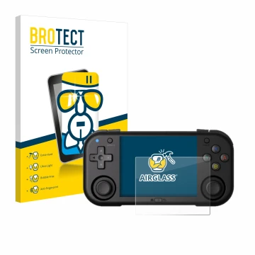 Front side of a product packaging with the brand logo BROTECT. Next to it is the device Magicx Mini Zero 28 shown with the cor