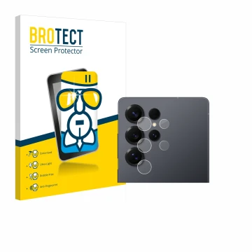 Front side of a product packaging with the brand logo BROTECT. Next to it is the device Samsung Galaxy S25 Ultra (ONLY Camera 