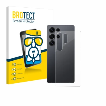 Front side of a product packaging with the brand logo BROTECT. Next to it is the device Samsung Galaxy S25 Ultra (Back) shown 