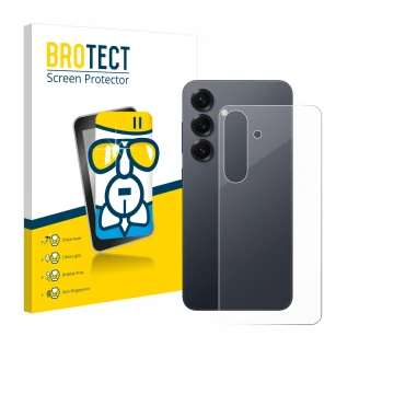 Front side of a product packaging with the brand logo BROTECT. Next to it is the device Samsung Galaxy S25 (Back) shown with t
