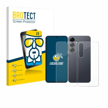 Front side of a product packaging with the brand logo BROTECT. Next to it is the device Samsung Galaxy S25 (Front+Back) shown 