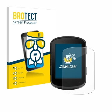 Front side of a product packaging with the brand logo BROTECT. Next to it is the device Garmin Edge 540 Solar shown with the c