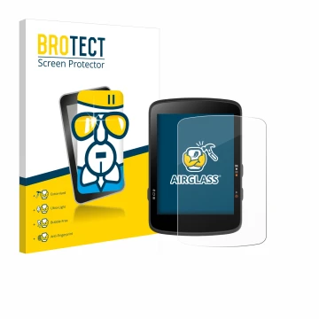 Front side of a product packaging with the brand logo BROTECT. Next to it is the device Bryton Rider 17 shown with the corresp
