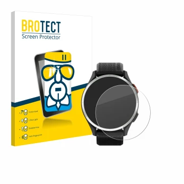 Front side of a product packaging with the brand logo BROTECT. Next to it is the device Garmin Approach S44 shown with the cor