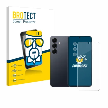 Front side of a product packaging with the brand logo BROTECT. Next to it is the device Samsung Galaxy S25 Plus (Front+Camera)