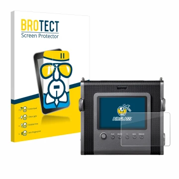 Front side of a product packaging with the brand logo BROTECT. Next to it is the device Fujifilm Instax Wide Evo shown with th