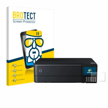Front side of a product packaging with the brand logo BROTECT. Next to it is the device Epson EcoTank ET-8550 shown with the c