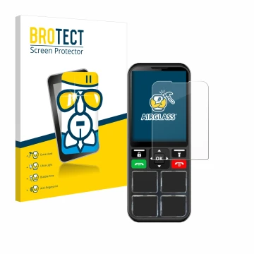 Front side of a product packaging with the brand logo BROTECT. Next to it is the device Geemarc CL8000 shown with the correspo