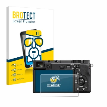 Front side of a product packaging with the brand logo BROTECT. Next to it is the device Sony Alpha 6100A shown with the corres