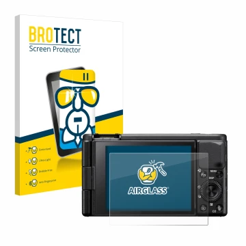 Front side of a product packaging with the brand logo BROTECT. Next to it is the device Sony ZV-1A shown with the correspondin