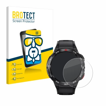 Front side of a product packaging with the brand logo BROTECT. Next to it is the device Xiaomi Mibro GS Pro shown with the cor