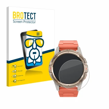 Front side of a product packaging with the brand logo BROTECT. Next to it is the device Xiaomi Mibro GS Active shown with the 