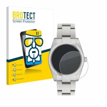 Front side of a product packaging with the brand logo BROTECT. Next to it is the device Rolex Oyster Perpetual 34 shown with t