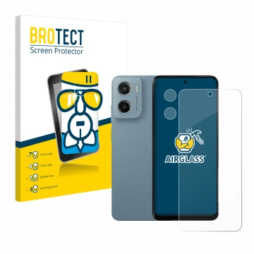 Front side of a product packaging with the brand logo BROTECT. Next to it is the device Motorola Moto E15 (Front+Camera) shown
