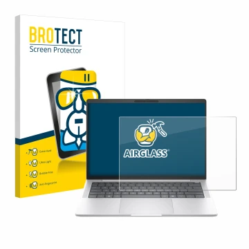 Front side of a product packaging with the brand logo BROTECT. Next to it is the device HP EliteBook 1040 G11 shown with the c