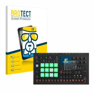 Front side of a product packaging with the brand logo BROTECT. Next to it is the device Elektron Analog Rytm MKII shown with t