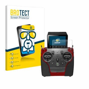 Front side of a product packaging with the brand logo BROTECT. Next to it is the device PowerBox Systems Atom shown with the c
