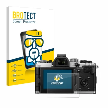 Front side of a product packaging with the brand logo BROTECT. Next to it is the device OM System OM-3 shown with the correspo