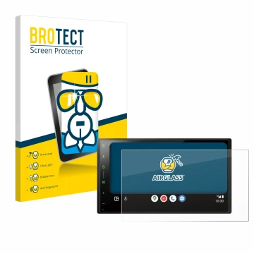 Front side of a product packaging with the brand logo BROTECT. Next to it is the device Pioneer SPH-DA77DAB shown with the cor