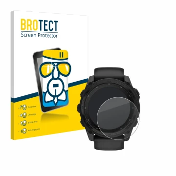 Front side of a product packaging with the brand logo BROTECT. Next to it is the device Garmin Tactix 8 Solar (51 mm) shown wi