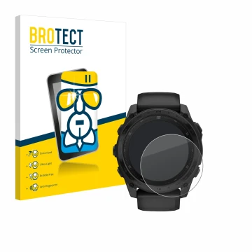 Front side of a product packaging with the brand logo BROTECT. Next to it is the device Garmin Tactix 8 AMOLED (51 mm) shown w
