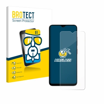 Front side of a product packaging with the brand logo BROTECT. Next to it is the device ZTE Blade A35e shown with the correspo