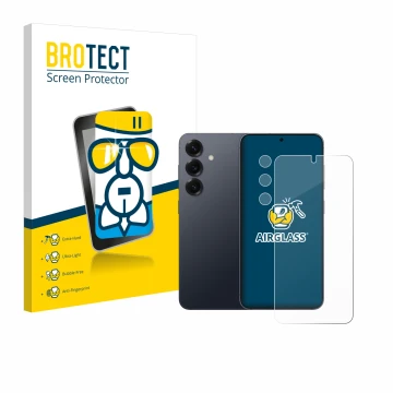 Front side of a product packaging with the brand logo BROTECT. Next to it is the device Samsung Galaxy S25 Enterprise Edition 