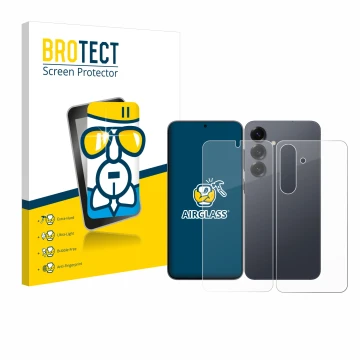 Front side of a product packaging with the brand logo BROTECT. Next to it is the device Samsung Galaxy S25 Enterprise Edition 