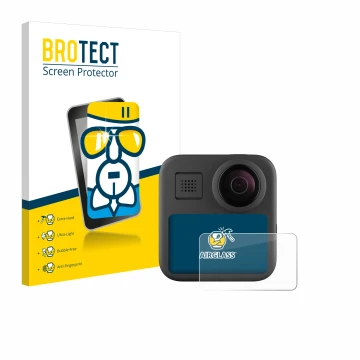 Front side of a product packaging with the brand logo BROTECT. Next to it is the device GoPro Max (2025) shown with the corres