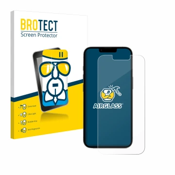 Front side of a product packaging with the brand logo BROTECT. Next to it is the device Apple iPhone 16e shown with the corres