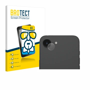 Front side of a product packaging with the brand logo BROTECT. Next to it is the device Apple iPhone 16e (ONLY Camera Lens) sh