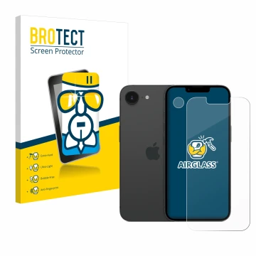 Front side of a product packaging with the brand logo BROTECT. Next to it is the device Apple iPhone 16e (Front+Camera) shown 