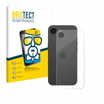 Front side of a product packaging with the brand logo BROTECT. Next to it is the device Apple iPhone 16e (Back) shown with the