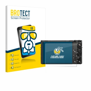 Front side of a product packaging with the brand logo BROTECT. Next to it is the device Sony Cyber-Shot DSC-RX100 VIIA shown w