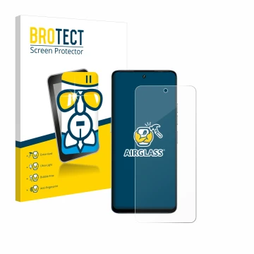 Front side of a product packaging with the brand logo BROTECT. Next to it is the device Umidigi Note 100 shown with the corres
