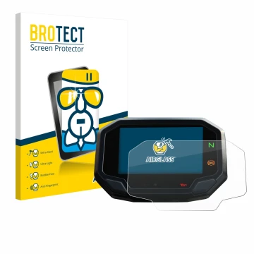 Front side of a product packaging with the brand logo BROTECT. Next to it is the device Kawasaki Versys 650 2022+ shown with t