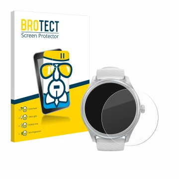 Front side of a product packaging with the brand logo BROTECT. Next to it is the device Hama Smartwatch 5010 shown with the co