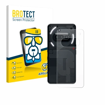 Front side of a product packaging with the brand logo BROTECT. Next to it is the device Nothing Phone (3a) (Back) shown with t