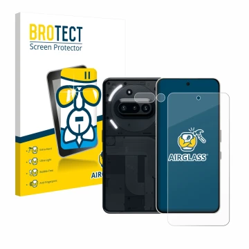 Front side of a product packaging with the brand logo BROTECT. Next to it is the device Nothing Phone (3a) (Front+Camera) show