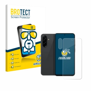 Front side of a product packaging with the brand logo BROTECT. Next to it is the device Samsung Galaxy A36 5G (Front+Camera) s