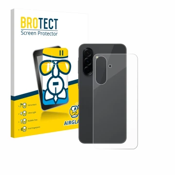 Front side of a product packaging with the brand logo BROTECT. Next to it is the device Samsung Galaxy A36 5G (Back) shown wit