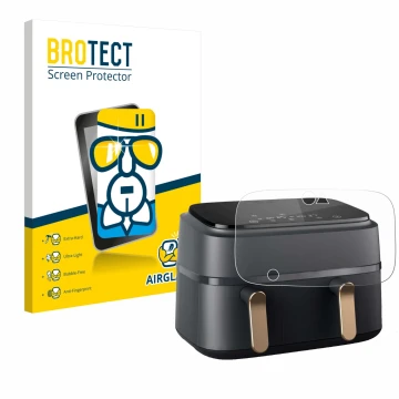 Front side of a product packaging with the brand logo BROTECT. Next to it is the device Philips Airfryer NA352/00 shown with t