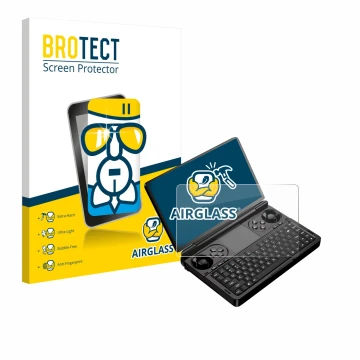 Front side of a product packaging with the brand logo BROTECT. Next to it is the device GPD Win Mini (2025) shown with the cor