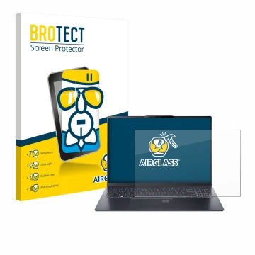 Front side of a product packaging with the brand logo BROTECT. Next to it is the device Acer Swift Go 16 AI shown with the cor