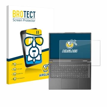 Front side of a product packaging with the brand logo BROTECT. Next to it is the device Acer Aspire 14 AI shown with the corre