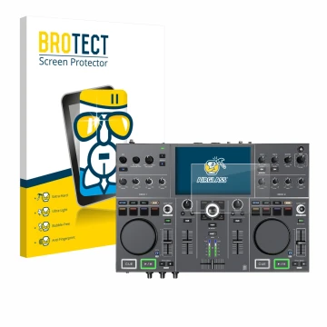 Front side of a product packaging with the brand logo BROTECT. Next to it is the device Denon DJ Prime Go+ shown with the corr