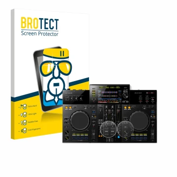 Front side of a product packaging with the brand logo BROTECT. Next to it is the device Pioneer XDJ -RR (Jog) shown with the c