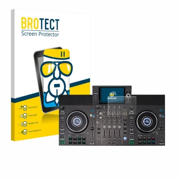 Front side of a product packaging with the brand logo BROTECT. Next to it is the device Denon DJ SC LIVE 4 (Jog) shown with th