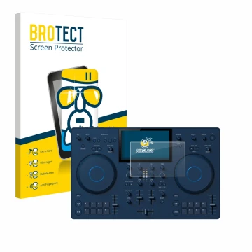 Front side of a product packaging with the brand logo BROTECT. Next to it is the device AlphaTheta OMNIS-Duo (Jog) shown with 